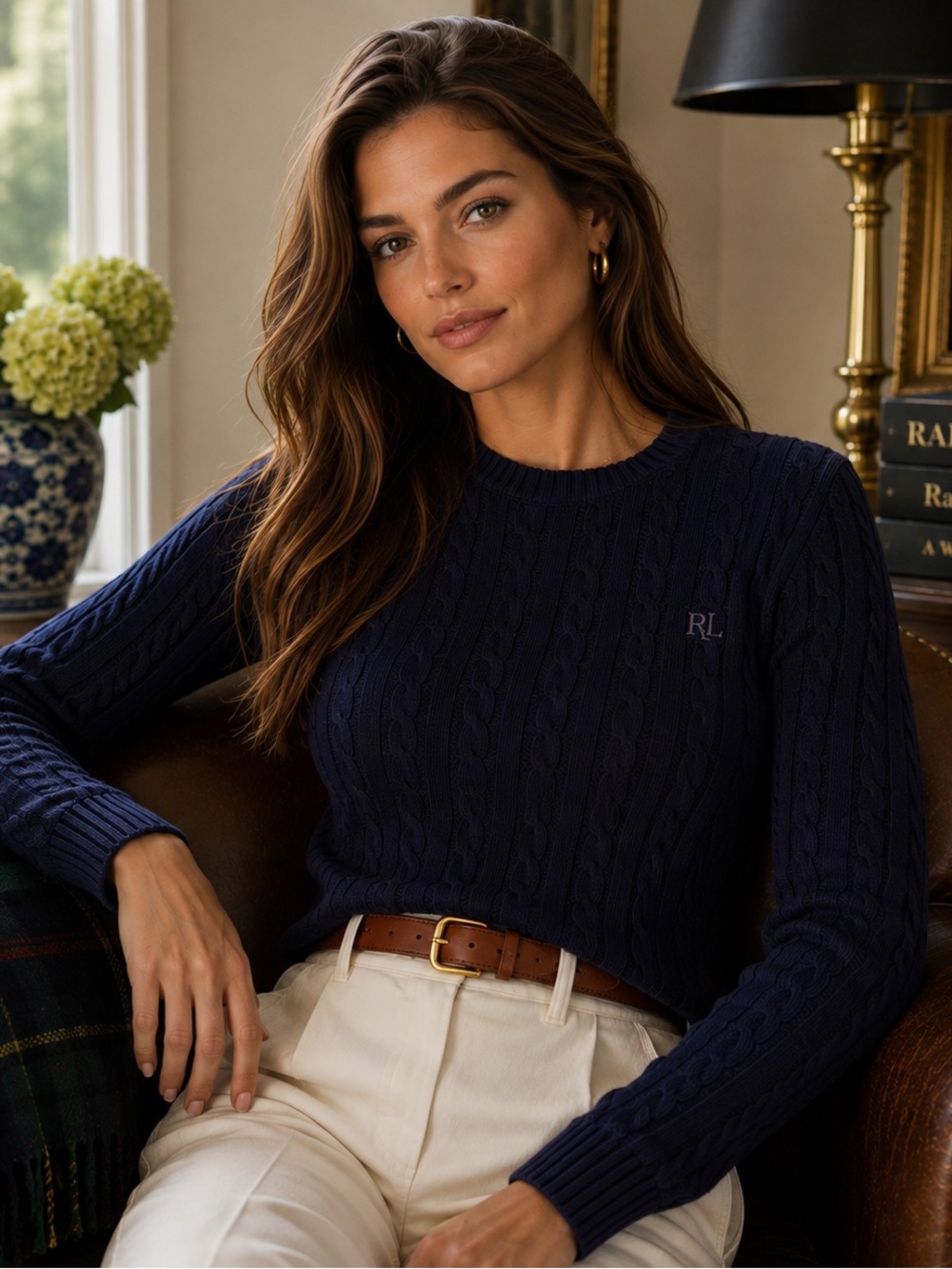 Lauren Ralph Lauren Navy Cable Knit Sweater S 100% Cotton RL Logo Old Money Fall